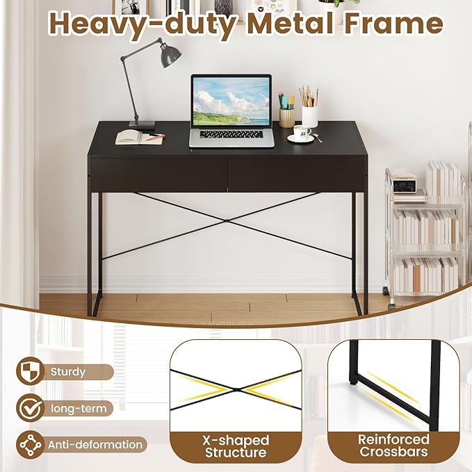 Giantex Computer Desk with 2 Drawers 44 Inch Home Office Desk with Anti-Toppling Device &amp Metal Frame Compact Laptop PC Table Makeup Vanity Table Modern Study Writing Desk for Small Spaces (Bl