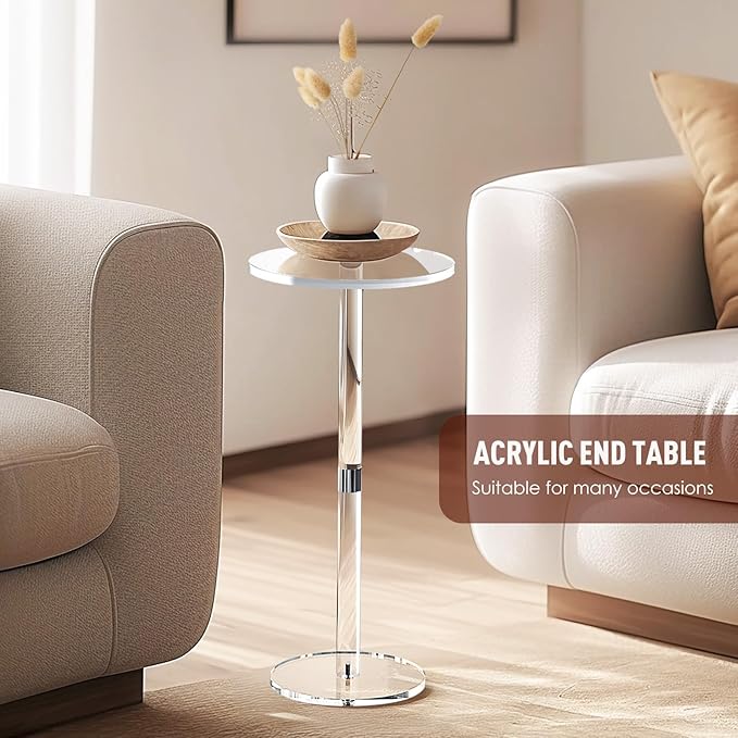 9.8 Round Clear Acrylic End Table - Modern Small Space Side Table for Living Room Bedroom Office Outdoor | Sturdy Easy to Install Multi-Purpose