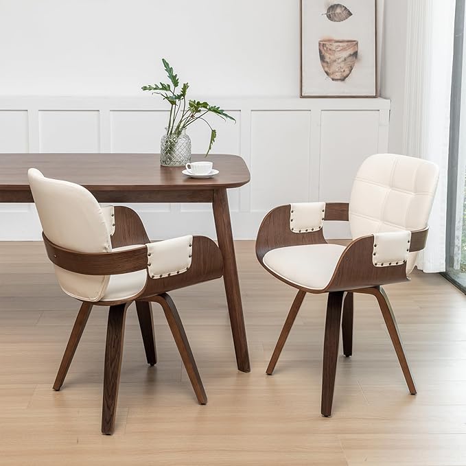 Set of 2 Swivel Dining Chairs - Mid Century Modern Dining Chairs with Arms and Curved Back Faux Leather Bentwood Versatile for Living Room/Reception/Conference Room/Kitchen/Desk (Walnut Beige)