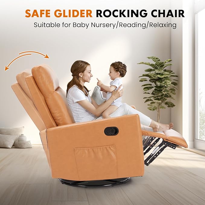 Sweetcrispy Recliner Chair 360 Swivel Rocker Chair for Adults Glider Rocker Recliners Nursery Chairs for Living Room High Back Upholstered Deep SeatGrey