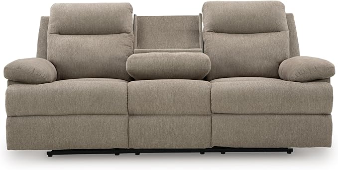Signature Design by Ashley Yarrow Lane Classic Chenille Manual Pull Tab Reclining Sofa with Drop Down Table and USB Charging Light Brown