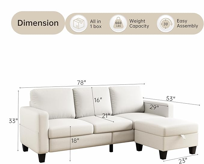 78 Sectional Sofa Couches for Living Room Beige Convertible L Shaped Couch with Storage Ottoman Deep Seat Pet-Friendly Linen Fabric Sofa Set for Small Space Apartment Dorm