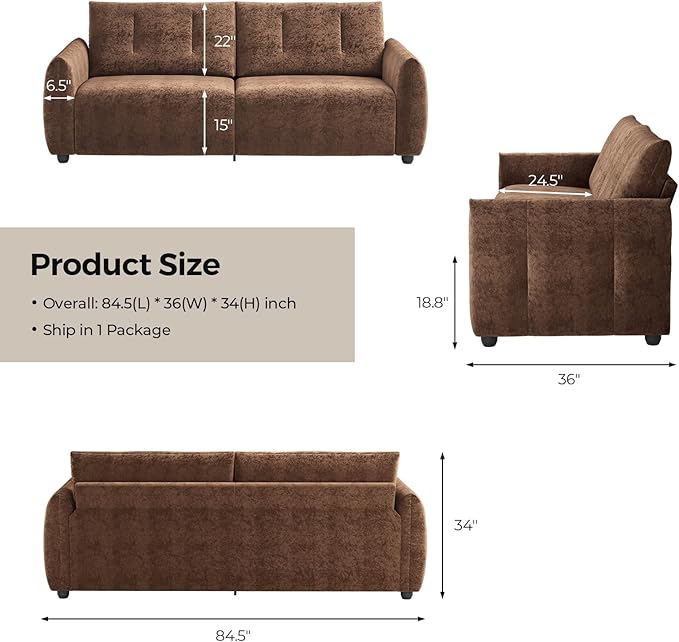 84.5 Inch Loveseat SofaModern Couch and SofaFeather-tip armrest DesignSturdy and Easy InstallationSmall Sofa for Living Room Bedroom Office and ApartmentChenille FabricBrown