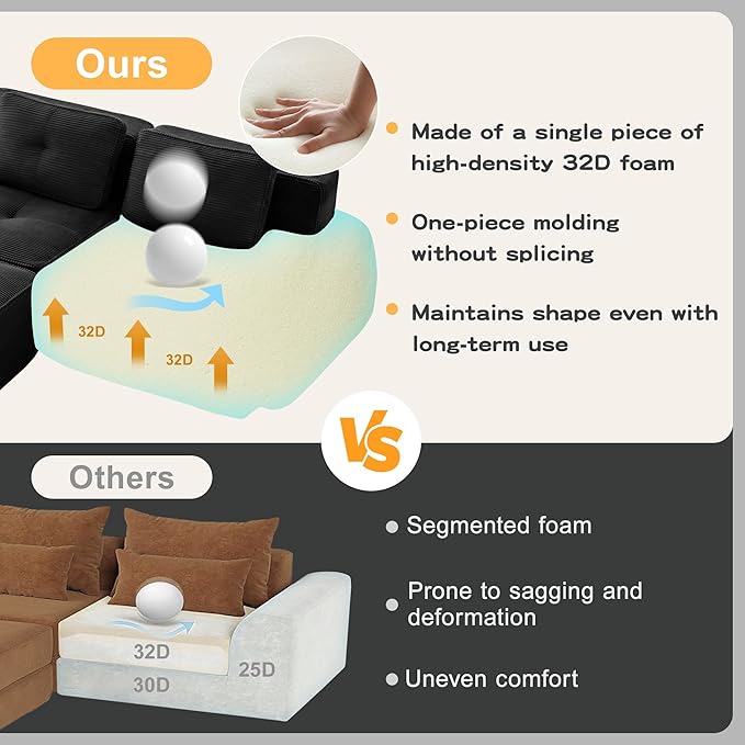 115.3” Black Boneless Couches for Living Room Modular Sectional Sofa with U-Shape Chaise 3 Seater Comfy Upholstered Deep Seat Corduroy Fabric Cloud Couch No Assembly Anti-Slip Design