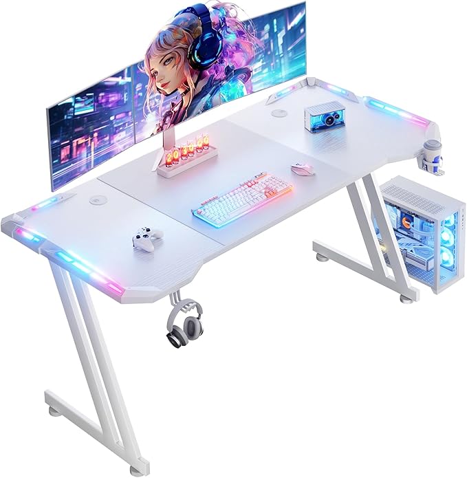 HLDIRECT 63 Inch Gaming Desk with LED Lights Carbon Fibre Surface Gaming Table Large Computer Desk Ergonomic Home Office Desks Z Shaped PC Gamer Workstations with Cup Holder &amp Headphone Hook White