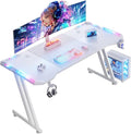 HLDIRECT 63 Inch Gaming Desk with LED Lights Carbon Fibre Surface Gaming Table Large Computer Desk Ergonomic Home Office Desks Z Shaped PC Gamer Workstations with Cup Holder &amp Headphone Hook White