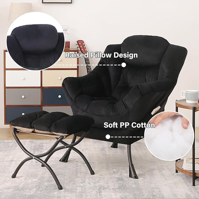 Tiita Lazy Chair with Ottoman Black Modern Large Accent Chair Comfy Leisure Sofa Armchair with Ottoman Reading Chair with Footrest for Bedroom Living Room Dorm Rooms Velvet Black