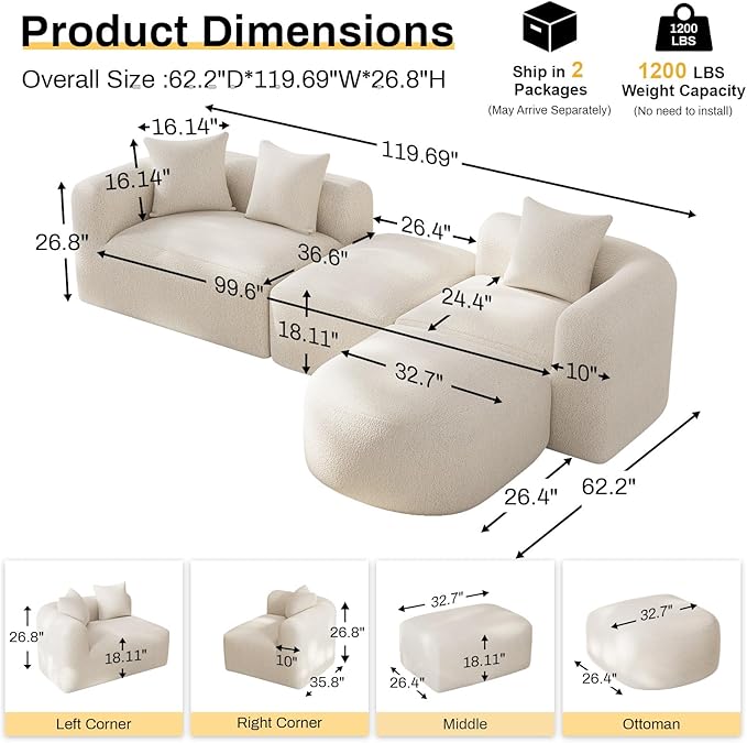 OUYESSIR Modern Oversized Curved Sectional Sofa for Living Room 119 Luxury Plush Chenille Convertible Modular Sectional Sofas with OttomanMinimalist L-Shape Curved Cloud Couch Cream White
