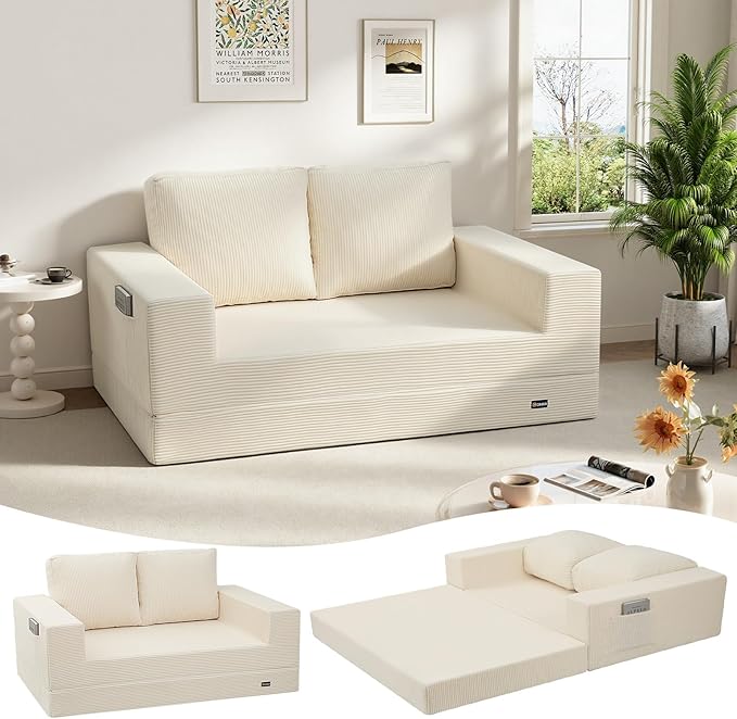 COMAX Convertible Sofa Bed Queen Folding Fold Out Couch Bed Floor Futon Couch Corduroy Sleeper Mattress with Back Pillows Boneless Sofa Comfy Lounge Loveseat for Living Room Bedroom Beige