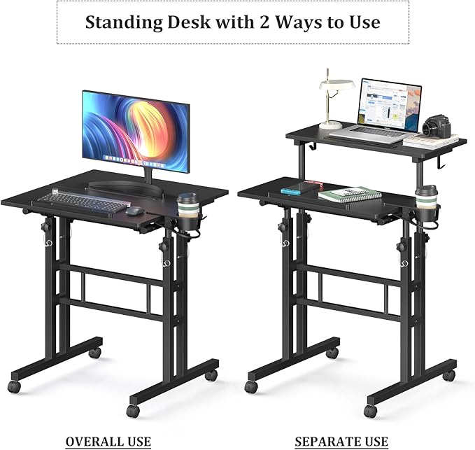 Small Standing Desk with Wheels Mobile Stand Up Desk Portable Standing Table on Wheels for Walking Pad Rolling Computer Desk Adjustable Height Tall Table