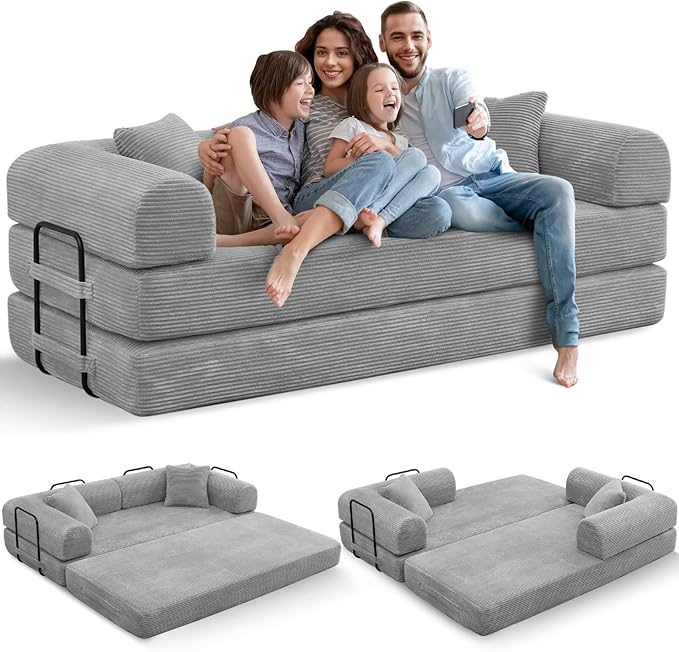Convertible Folding Sofa Bed Corduroy Sleeper Mattress Couch with Fixed-Shape Frame Free Combination Loveseat Lounge Floor Sofa Queen Size Memory Foam Couch for Living Room Bedroom Light Grey