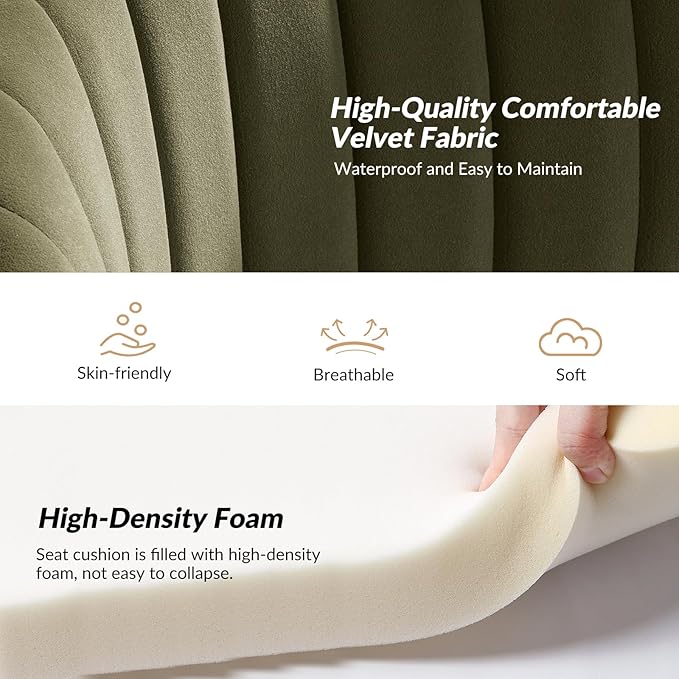 HULALA HOME Velvet Dining Chairs Modern Small Armless Accent Chair with Gold Metal Legs Living Room Upholstered Cute Side Chair Elegant Tufted Back Vanity Chair for Bedroom Moss