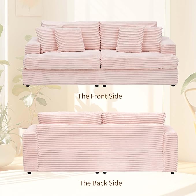 Modern Cloud Couch 3-Seater with 4 Matching Toss Pillows 88.58 Soft Corduroy Sofa with Deep Seat for Small Spaces Living Room Apartment (Pink)
