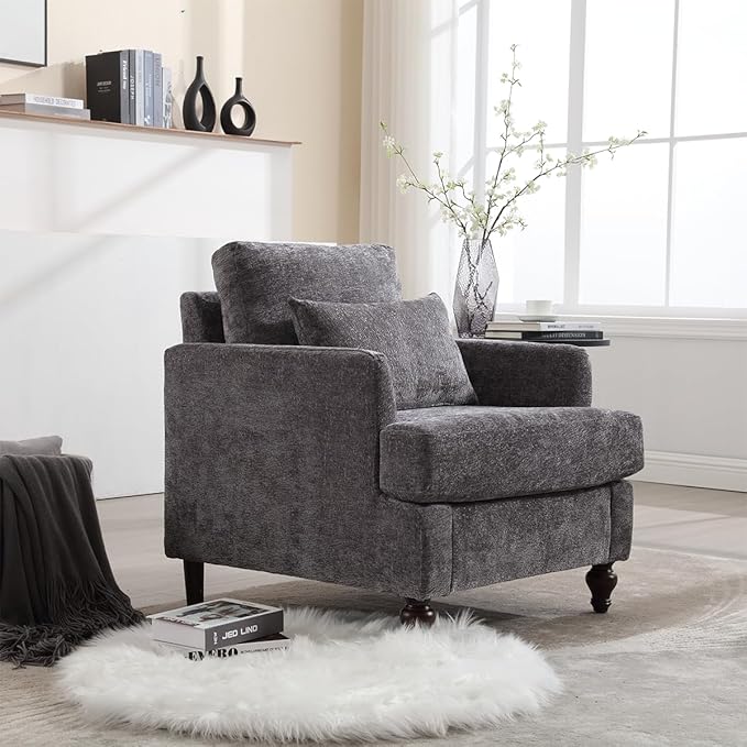 Upholstered Living Room Chair Chenille Accent Chair Single Sofa with Cushion &amp Solid Wood Frame Mid Century Modern Armchair for Bedroom Office