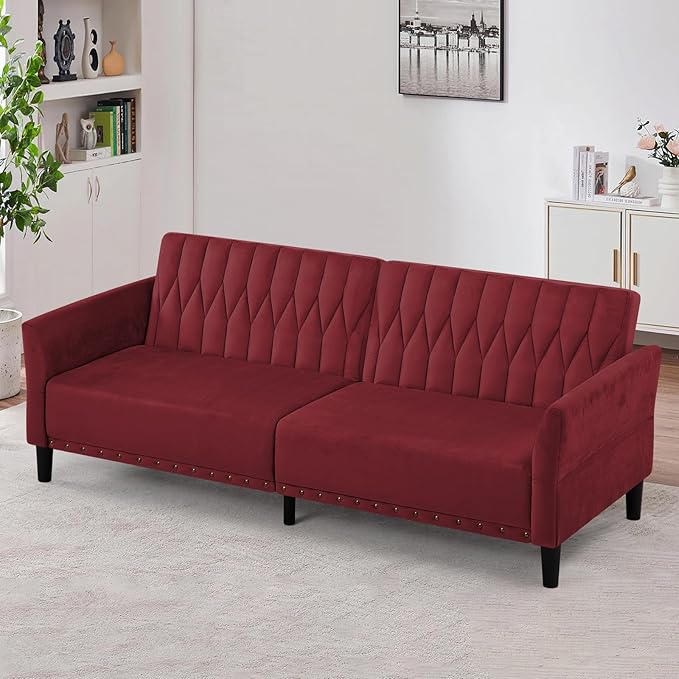 77” Velvet Sofa Bed with Adjustable Armrests and BackrestsTufted Convertible Futon Couch with Nailhead Trim Loveseat Modern Velvet Sleeper Sofa for Living RoomBedroomOffice Red