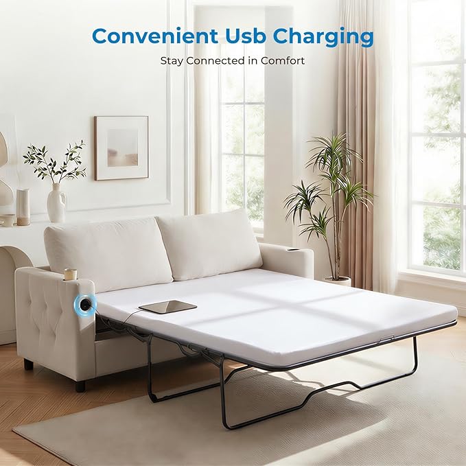 Mjkone 72 Full Size Pull Out Sofa Bed Velvet 2-in-1 Convertible Sleeper Sofa Bed with Memory Foam Mattress Cup Holder USB Charging PortsGuest Couch Bed for Living Room Small Spaces - Beige