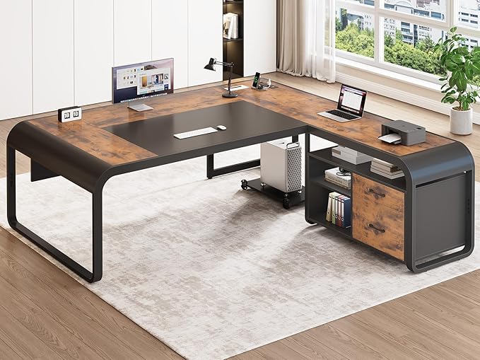 SEDETA 61 Inch Executive Desk Large Office Desk with File Drawer L Shaped Desk with Drawers Computer Desk with Mobile CPU Stand Storage Shelves Power Outlets for Home Office Rustic Brown