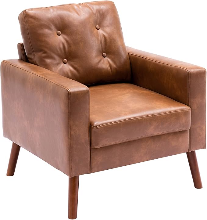 VESCASA Tufted Accent Arm Chair with Wood Legs PU Faux Leather Comfy Upholstered Single Sofa Mid Century Modern Side Club Leisure Chair for Reading/Living Room/Bedroom Caramel