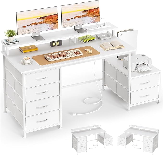 Flrrtenv 52 Inch Office Desk with 6 Drawers and Printer Space for Storage Reversible Computer Desk with Monitor Stand &amp Power Outlets Home Office Desks White