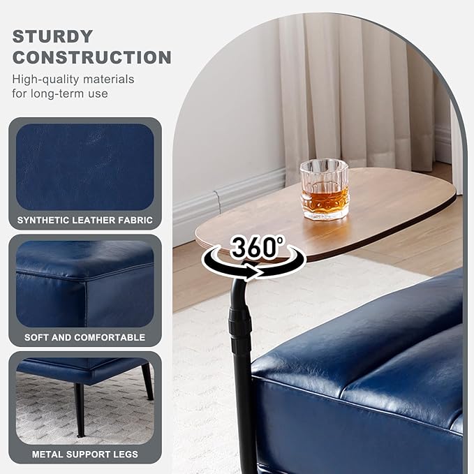 55 Faux Leather Upholstered Sofa Entryway Ottoman Modern End of Bed Bench with Side Table 360-degree Swivel Tray Couch Window Bench with Metal Legs for Bedroom Living Room (Blue)