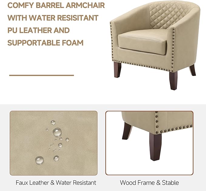 Faux Leather Accent Chairs Set of 2 Upholstered Barrel Club Chair for Living Room Comfy Round Armchair with Nailed Trim for Bedroom Office-Beige