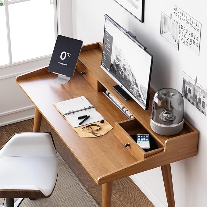 Mid Century Modern Desk 51 Wood Home Office Writing Computer or Laptop Desk with Monitor Stand Riser and Open Storage Cubby Vanity Desk with 2 Drawers (51.2×25.6)