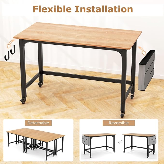 Tangkula 48” Mobile Computer Desk with Storage Bag &amp 2 Hanging Hooks Rolling Home Office Writing Study Desk Rolling PC Workstation with Lockable Universal Casters for Study Room Bedroom