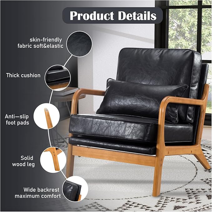 Leather Armchair with Wood Frame Waist Cushion Mid Century Modern Comfortable Single Person Sofa Chair Armrest Reading Accent Chairs for Living Room Bedroom (Black)