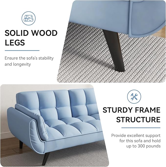 KINFFICT 57 inch Blue Futon Sofa Couch Bed Comfy Velvet Upholstered Loveseat Convertible Sleeper Sofa cama with Adjustable Backrest Mid Century Modern Sofas for Living Room Bedroom Small Space