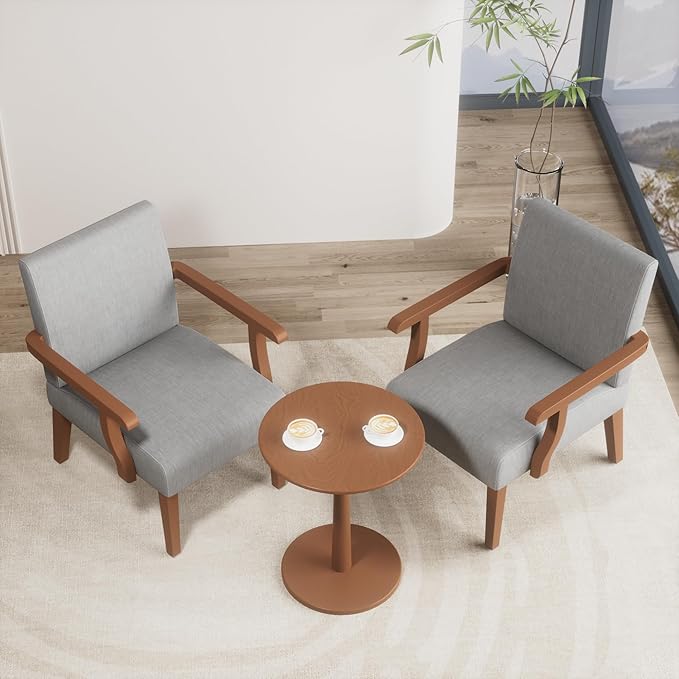 Accent Chairs Set of 2 with Round Side Table Soft Fabric Upholstered Armchair Wooden Frame Mid Century Modern Wide Accent Chair Corner Chair for Living Room Bedroom Office (Light Grey)