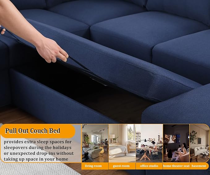asunflower Sleeper Sofa Sectional Couch with Double Storage Chaise 120-Inch Pull Out Couch for Living Room Apartment U Shaped Easy to Assembly 4-5 Seater Sofa Bed (Navy Blue)
