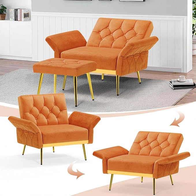 Velvet Accent Chair w/Adjustable Armrests and Backrests Tufted Single Sofa with Ottoman Upholstered Reading Chiar for Living Room Apartment Bedroom Orange