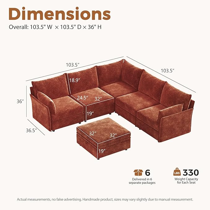 ABCASA 103.5 Oversized Modular Sectional Sofa L Shaped Convertible Couch with Movable Ottoman Large 6 Seat Corner Couches for Living Room Deep Seat- Terracotta Orange Chenille
