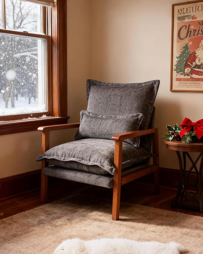 Karl home Midcentury Accent Chair for Living Room Chenille Upholstered Lounge Armchair with Lumbar Pillow Ruffle-Designed Cozy Reading Chair with Wood Legs Gray
