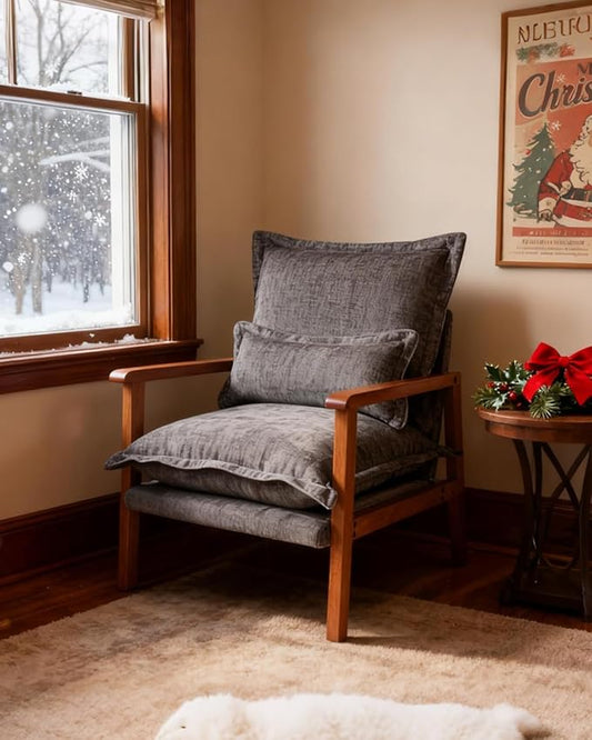 Karl home Midcentury Accent Chair for Living Room Chenille Upholstered Lounge Armchair with Lumbar Pillow Ruffle-Designed Cozy Reading Chair with Wood Legs Gray