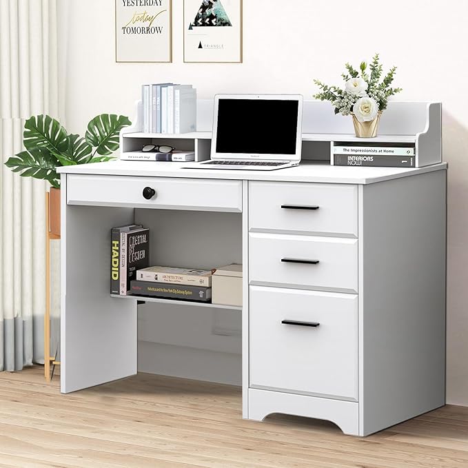 Catrimown Computer Desk with 4 Drawers and Hutch Home Office White Writing Desk with File Drawer and Shelves for Small Spaces Small Desk Study Table for Bedroom