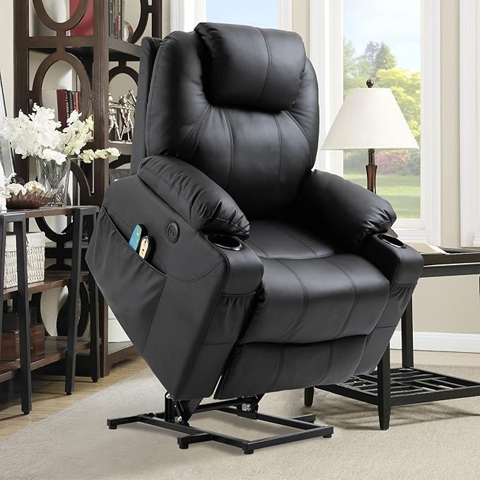 Power Lift Recliner Chair for Elderly Electric Massage Heated Recliner Faux Leather Lift Chair with 2 Remote Controls USB Ports Cup Holders &amp Side Pockets for Living Room (Black)