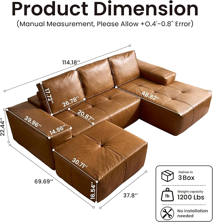 114 Cloud Sectional Couch with L-Shape Chaise &amp Ottoman Modern Boneless Couches for Living Room Fluffy Tufted Deep Seat Modular Sofa No Assembly (Faux LeatherBrownRight Facing)