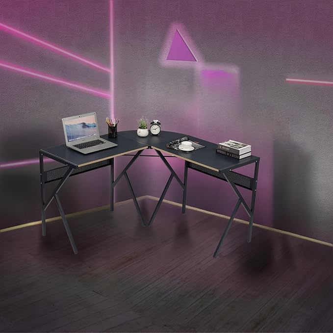 FurnitureR L-Shaped Computer Desk Gaming Table Home Office Corner Desk Writing Study Computer Table with Sturdy Metal Frames for Home Office Saves Space Black (49.2 Inch)