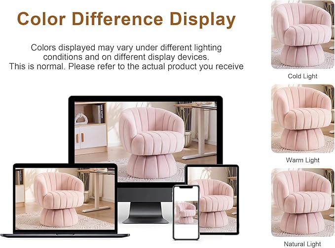 Mid Century Modern 360 Degree Barrel Swivel Accent Sofa ChairFluffy Velvet Fabric Lounge Wide Upholstered Pumpkin Reading Chair Round Cloud Armchair for Living RoomBedroomVanity(Pink)