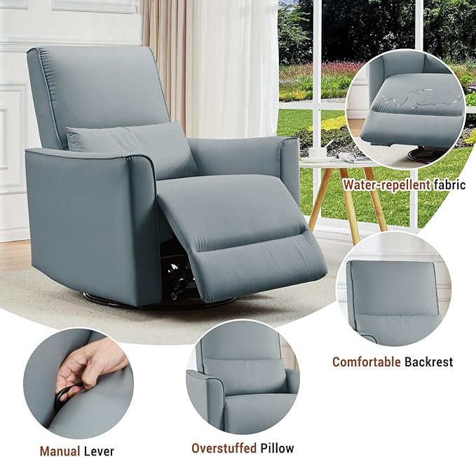 GarveeHome Recliner Chair 360° Swivel Rocker Glider Nursery Chair with Padded Armrest and Deep Seat PU Leather Upholstered Reclining Sofa Chair for Living Room Bedroom and Nursery (Gray)