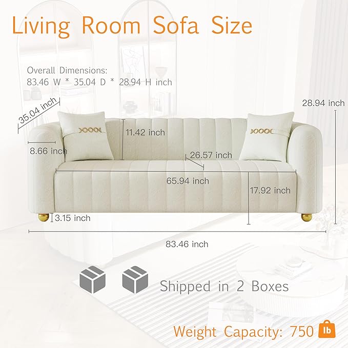 Modern Teddy Cream White Couch for Living Room 83.46 Curved Sofa with Gold Metal Sphere Legs 3 Seater Cute Couch (Teddy Cream White)