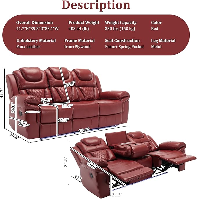 Leather Reclining Sofa SetHome Theater Seating with Center ConsoleFlipped Middle Backrestand LED Light Strip3 Seater for Living RoomOfficeHome TheaterRV (Red)