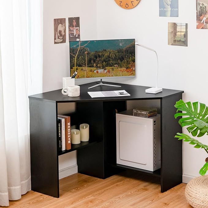 LDAILY Corner Desk Space Saving 90 Degree Triangle Computer Desk with Storage Shelves &amp Cable Holes Wood Compact Corner Writing Table for Small Spaces Home Office Bedroom &amp Living Room Bl