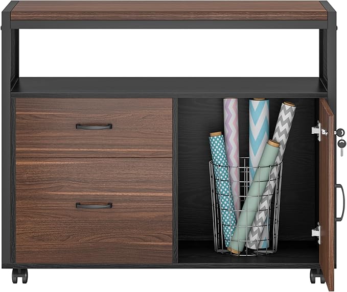 Tribesigns Modern File Cabinet with Drawers for Letter-Sized File and Door Lockable lateral Filing Cabinet Printer Stand with Storage Shelves and with Rolling Caster for Home Office (Dark Walnut)