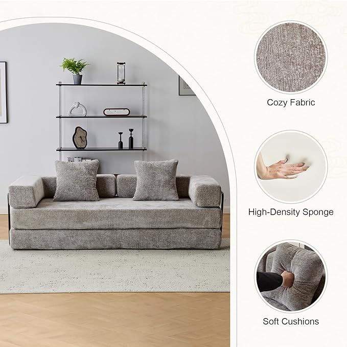 Folding Sofa Bed Modular Sectional Cloud Couch Convertible Sleeper Sofa Bed with Pillow Back Support Armrest for Living Room Bedroom Lounge No Assembly Required Chenille(Light Grey)