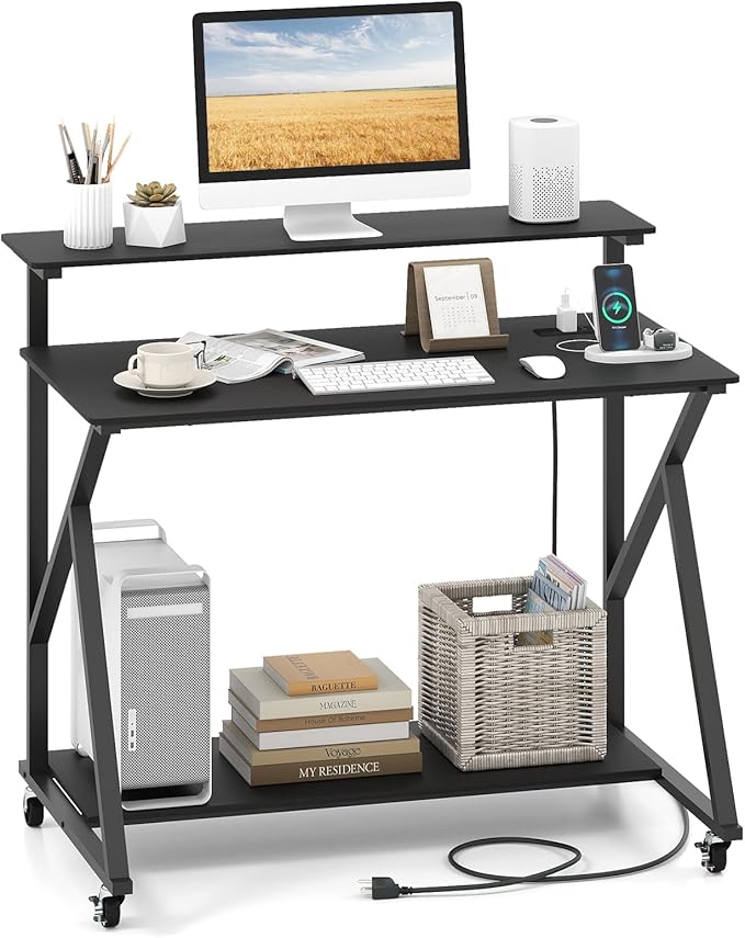 Tangkula 39.5 Mobile Computer Desk with Power Outlets Rolling Laptop Workstation with Monitor Stand &amp Storage Shelf Gaming Writing Desk with Lockable Wheels for Home Office Bedroom (Black)