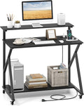 Tangkula 39.5 Mobile Computer Desk with Power Outlets Rolling Laptop Workstation with Monitor Stand &amp Storage Shelf Gaming Writing Desk with Lockable Wheels for Home Office Bedroom (Black)