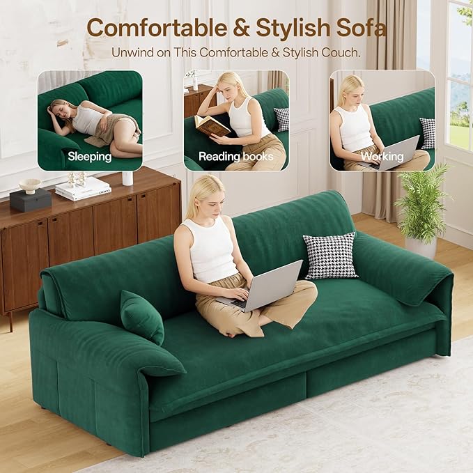 66 Queen Pull Out Couch BedVelvet 3-in-1 Queen-Size Sleeper SofaConvertible Pull-Out Sofa Bed with Side PocketsSleeper Loveseat for Living RoomApartment Offices (Green)