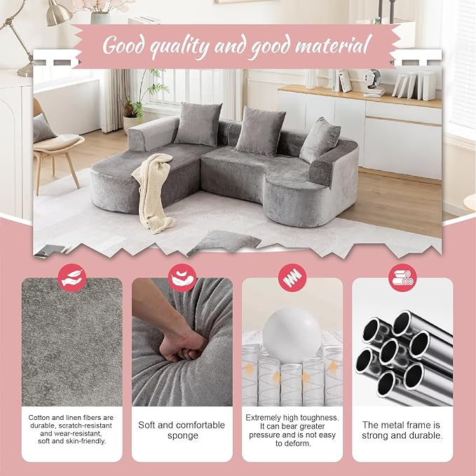 100''Oversized Sectional Sofa with Chaise for Living RoomModern Luxury Chenille 3-Seater Sofa Extra Wide Seat L-Shape Curved Cloud Couch with 3 Throw Pillows (Gray 100)